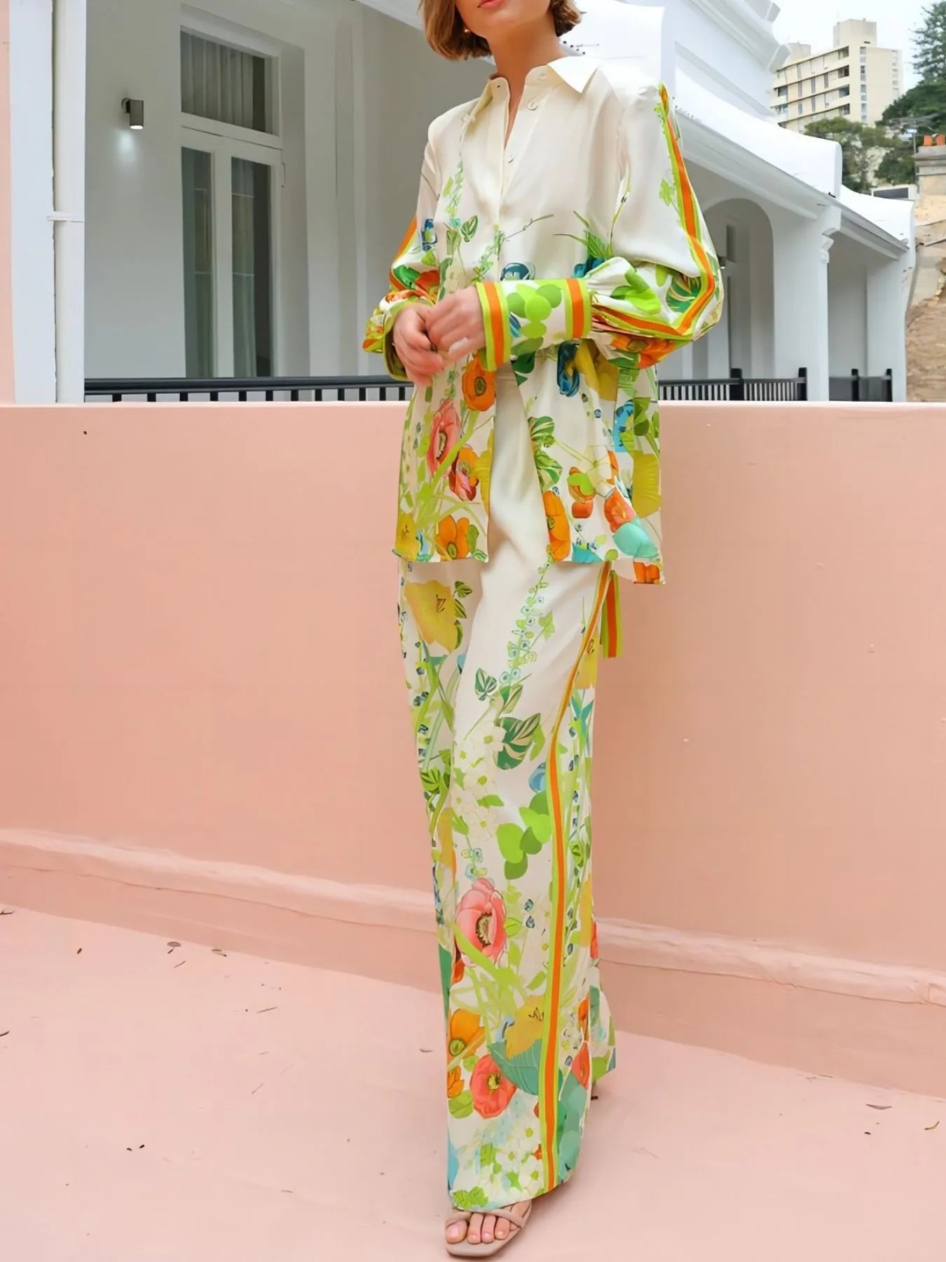 Printed Tie Back Shirt and Pants Set OutfitFlow