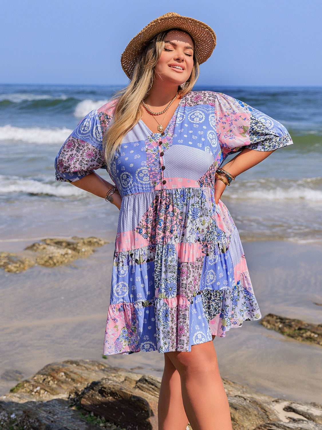 Plus Size Printed V-Neck Tiered Mini Dress OutfitFlow
