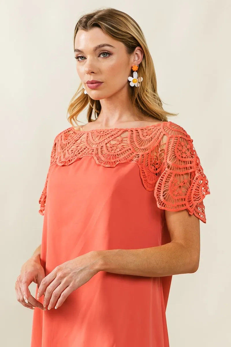 BiBi Crochet Lace Yoke Detailed Wrinkled Dress OutfitFlow
