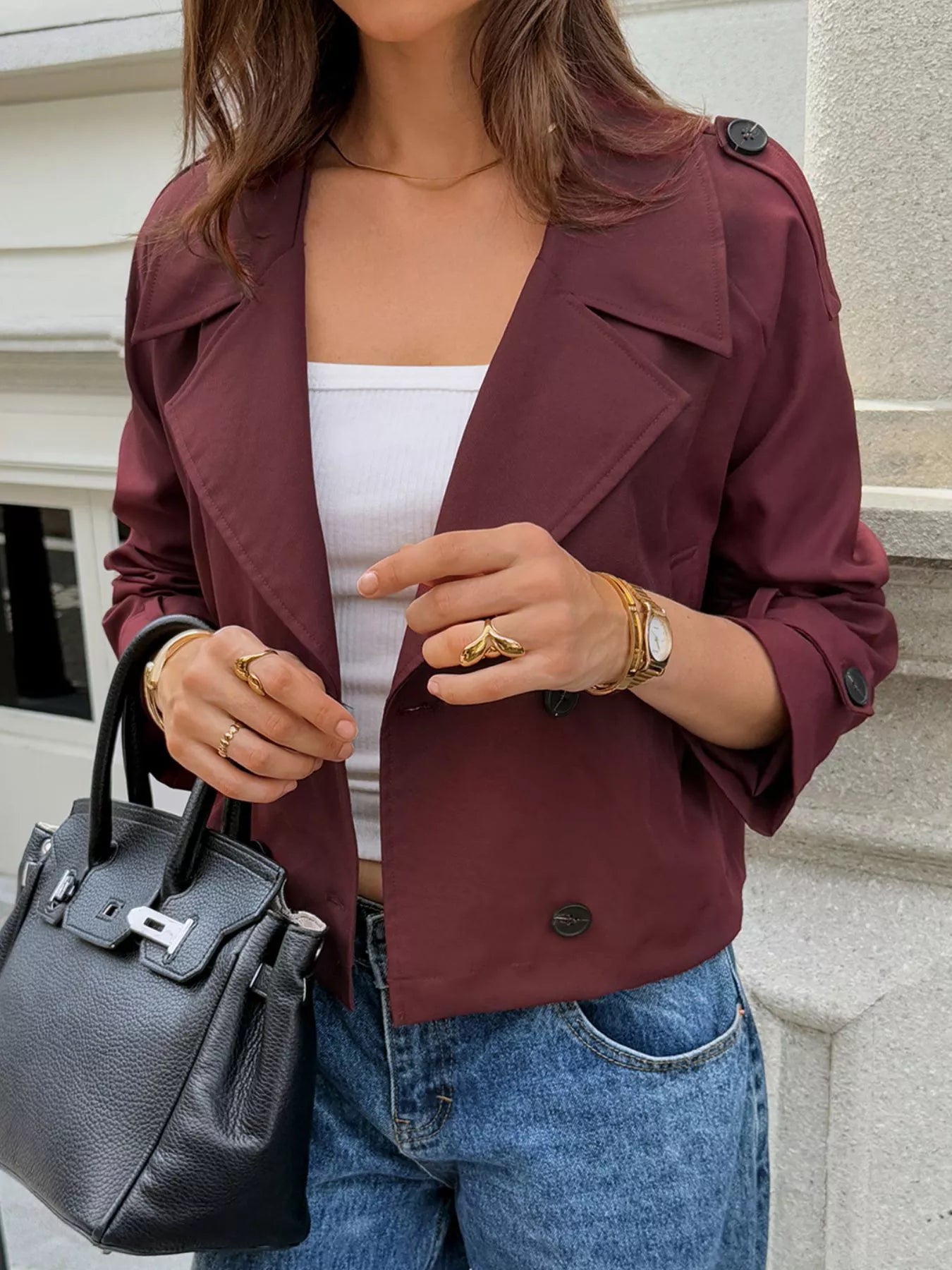 Cropped Double-Breasted Raglan Sleeve Jacket Trendsi