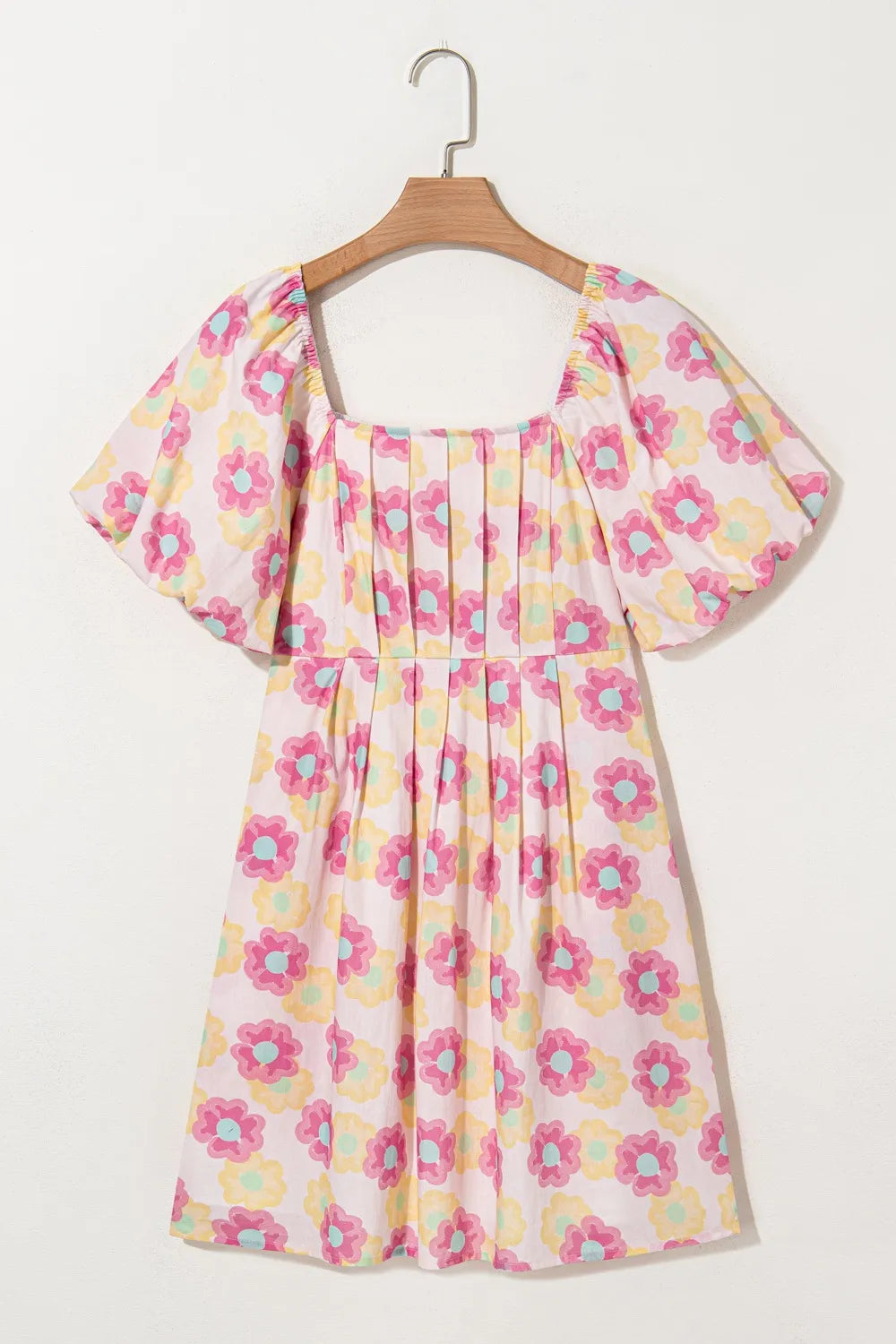 Floral Square Neck Puff Sleeve Pleated Flared Midi Dress OutfitFlow