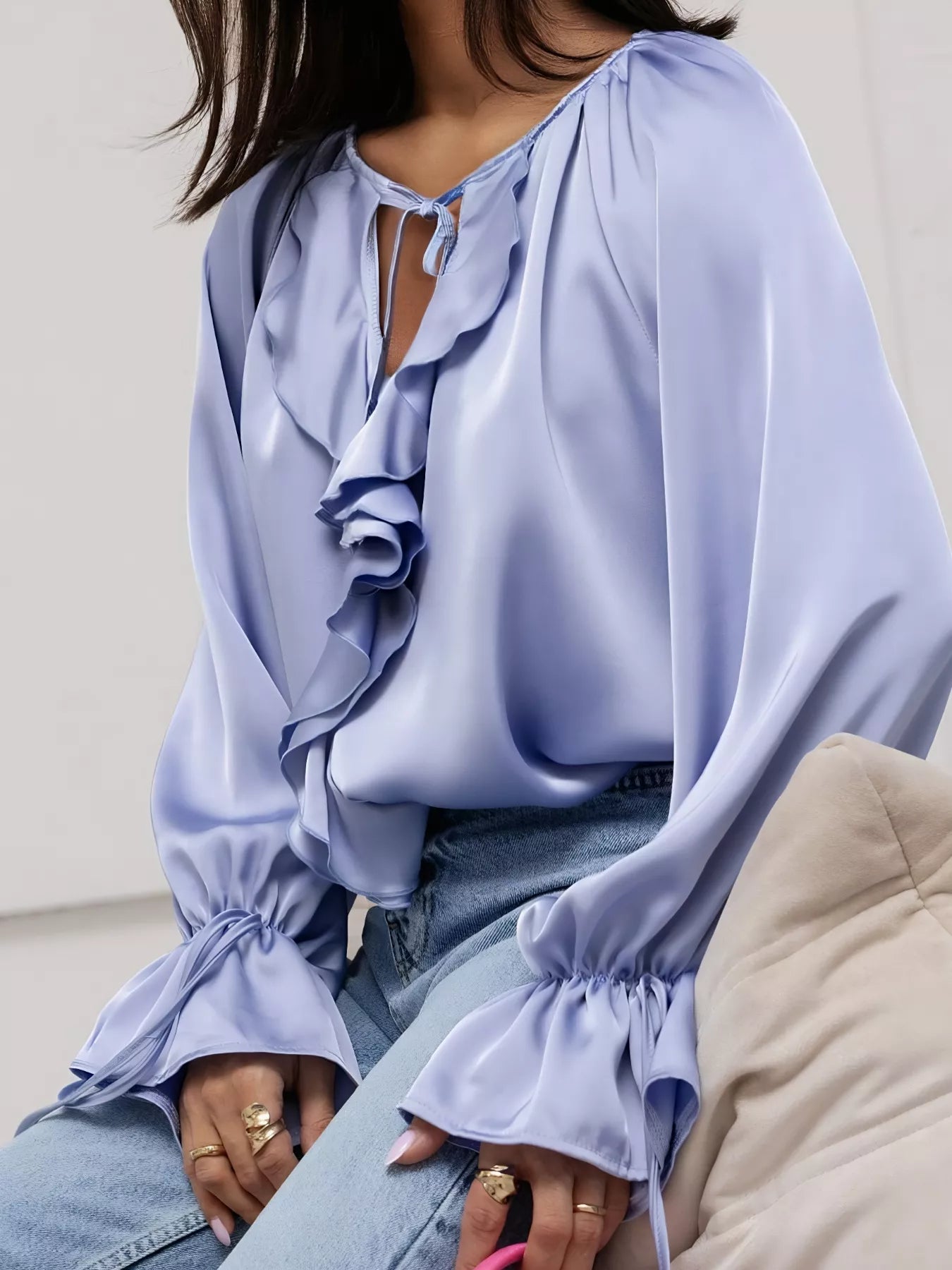 Ruffle Trim Satin Flounce Sleeve Blouse OutfitFlow
