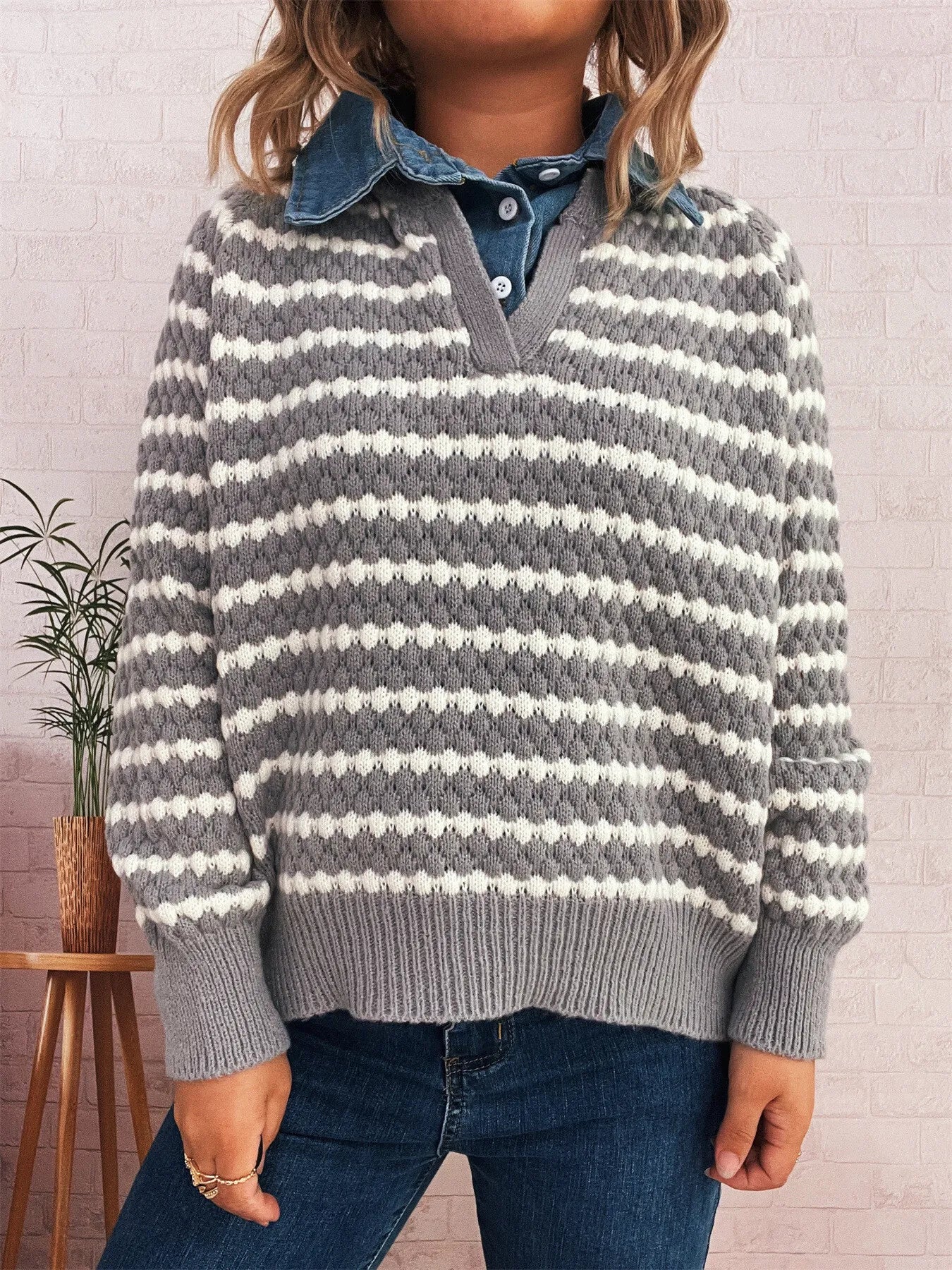 Contrast Striped Sweater with Denim Collar OutfitFlow