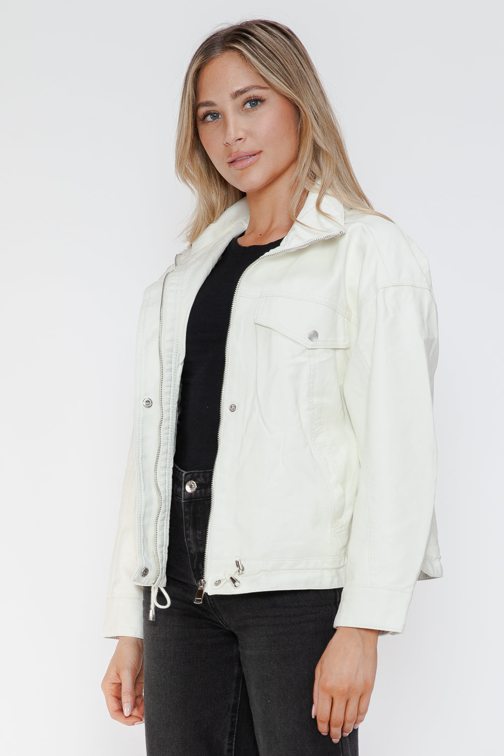 Outfit Flow - How Dare U Drawstring Hem PU Leather Zip Up Jacket