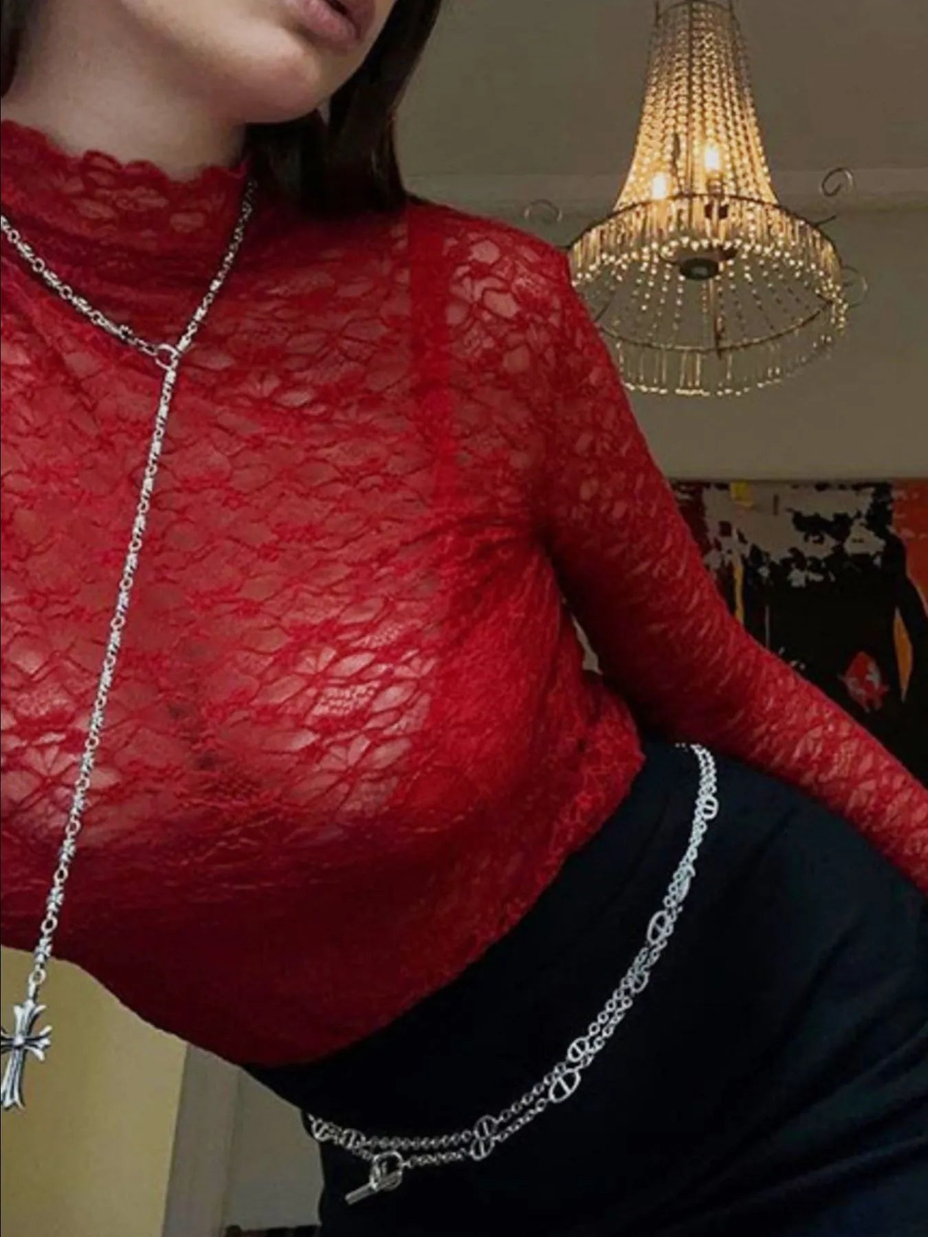 Mock Neck Lace Long Sleeve Mesh T-Shirt OutfitFlow