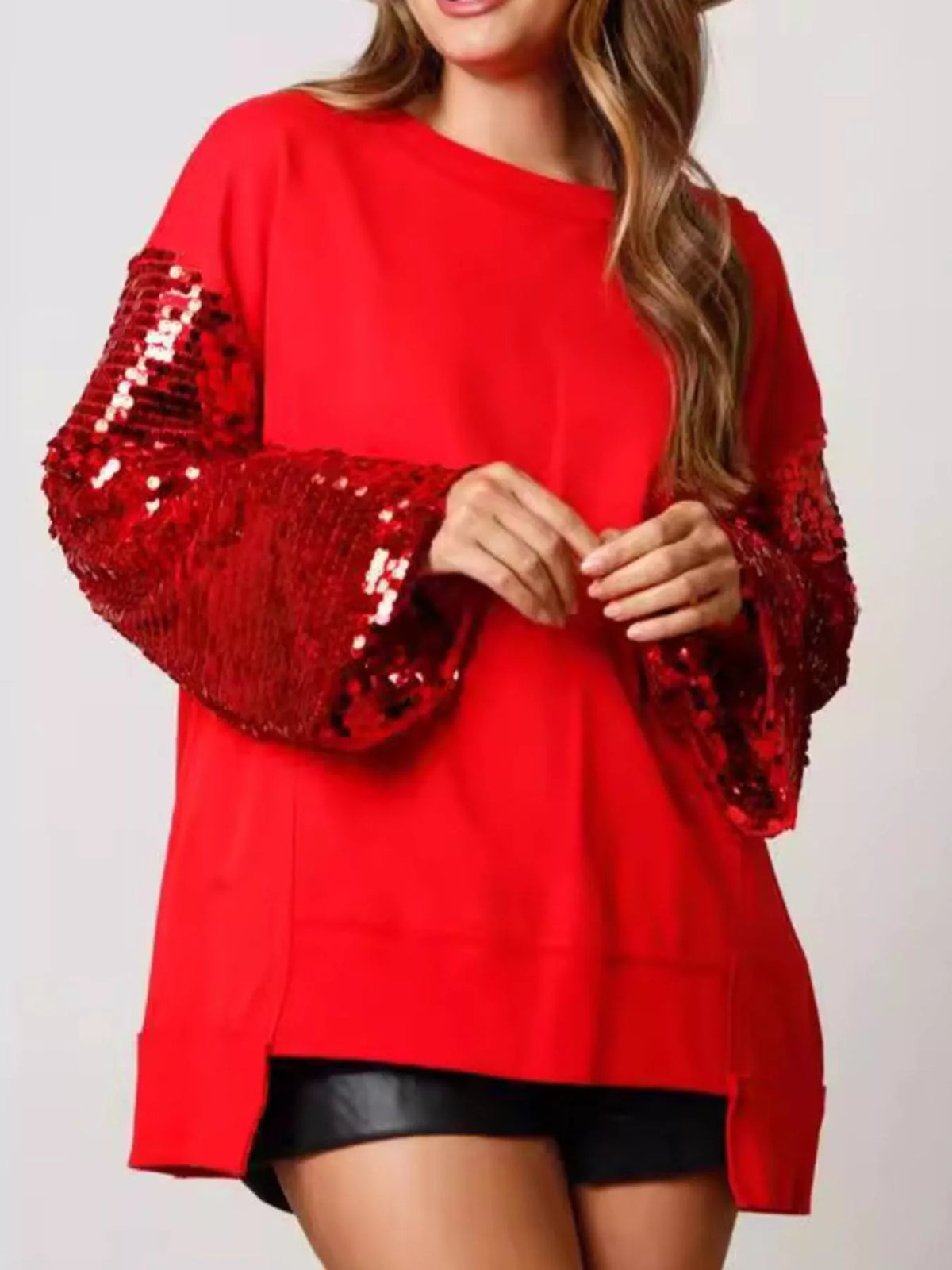 Sequin Long Sleeve Round Neck Sweatshirt Red OutfitFlow