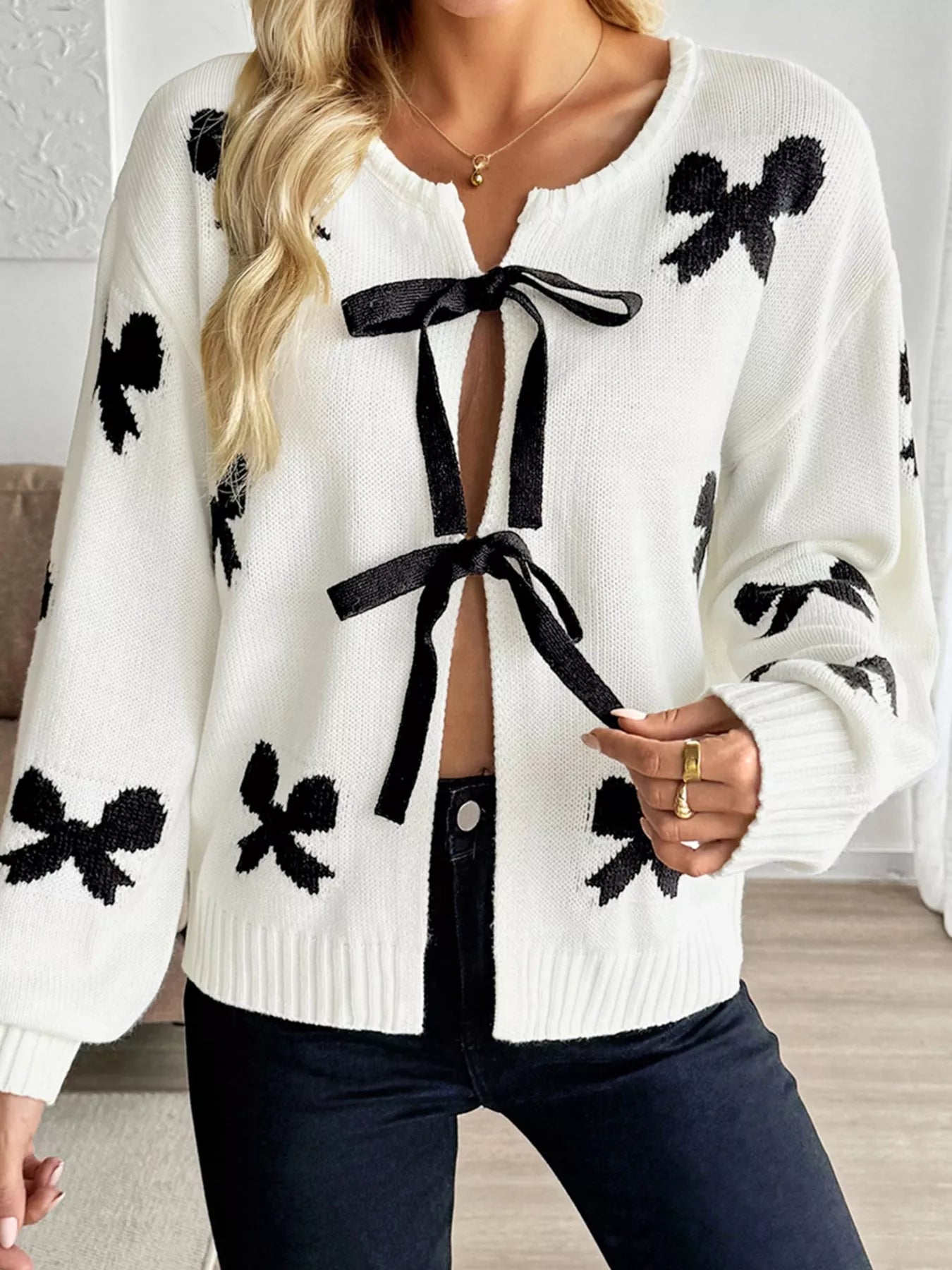 Tie Front Bow Pattern Cardigan OutfitFlow