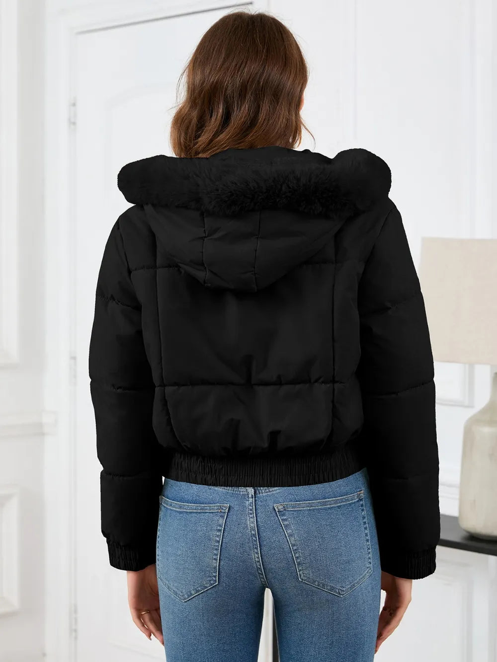 Pocketed Long Sleeve Cropped Hooded Winter Coat OutfitFlow