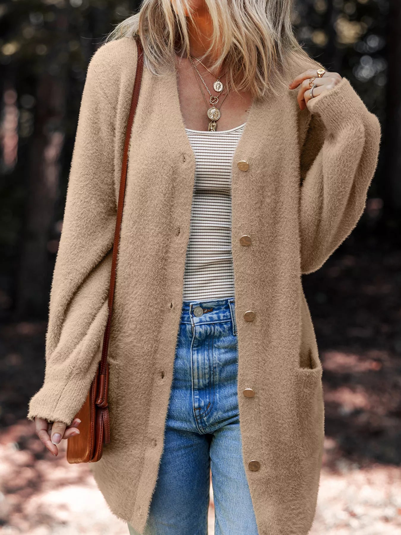 Fuzzy Buttoned Front Cardigan with Pockets OutfitFlow