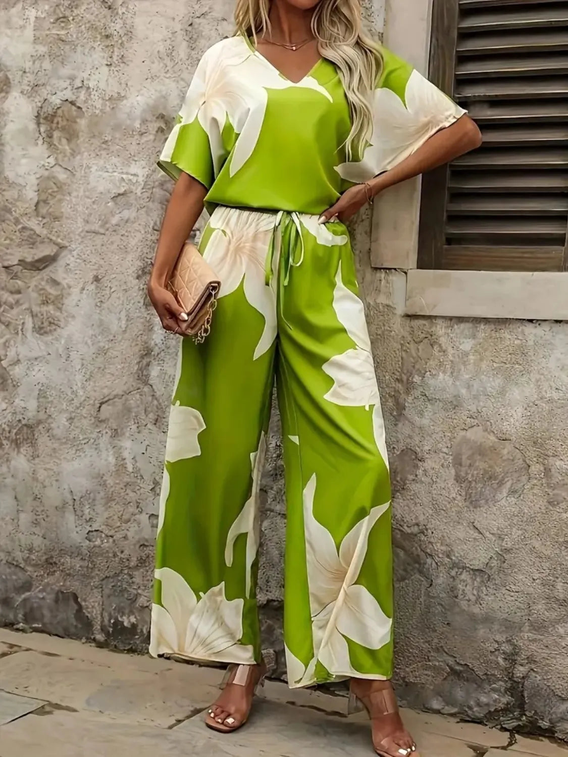 Printed V-Neck Top and Wide Leg Pants Set OutfitFlow