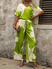 Printed V-Neck Top and Wide Leg Pants Set OutfitFlow