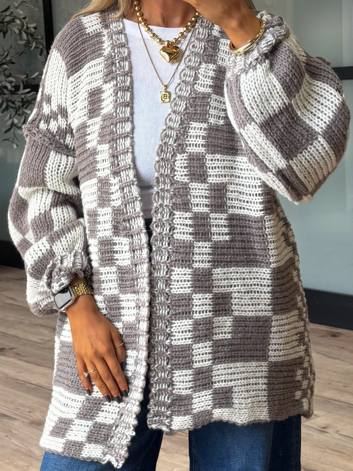 Outfit Flow - Checkered Open Front Long Sleeve Cardigan