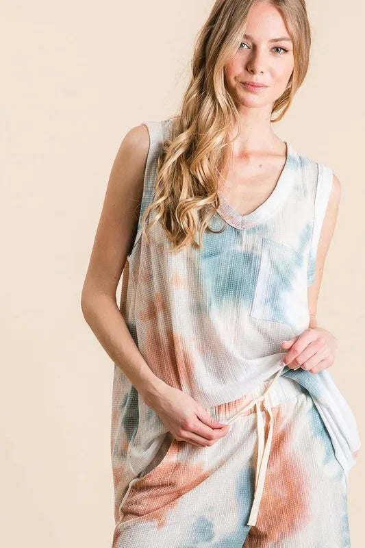 BiBi Tie Dye Textured Knit Top and Shorts Set OutfitFlow