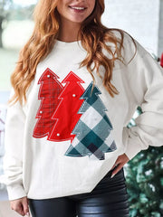 Pearl Plaid Christmas Tree Patched Drop Shoulder Sweatshirt OutfitFlow