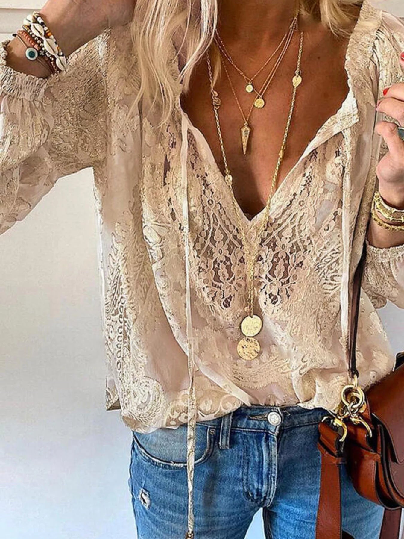 Lace Tie-Neck Blouse Trendsi