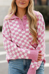 Outfit Flow - Checkered Collared Neck Long Sleeve Sweater