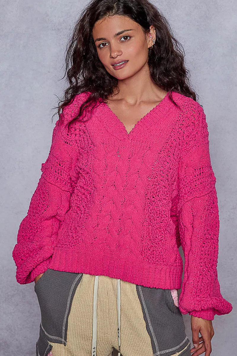 POL Cable-Knit Solid V-Neck Cropped Sweater OutfitFlow