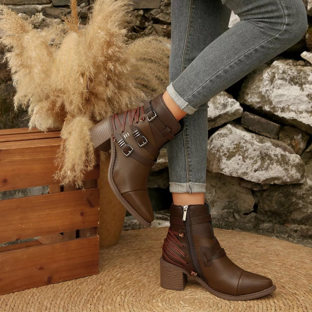 Point Toe Buckle Strap Ankle Boots with Block Heels Trendsi