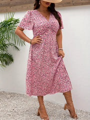Plus Size Printed V-Neck Short Sleeve Midi Dress OutfitFlow