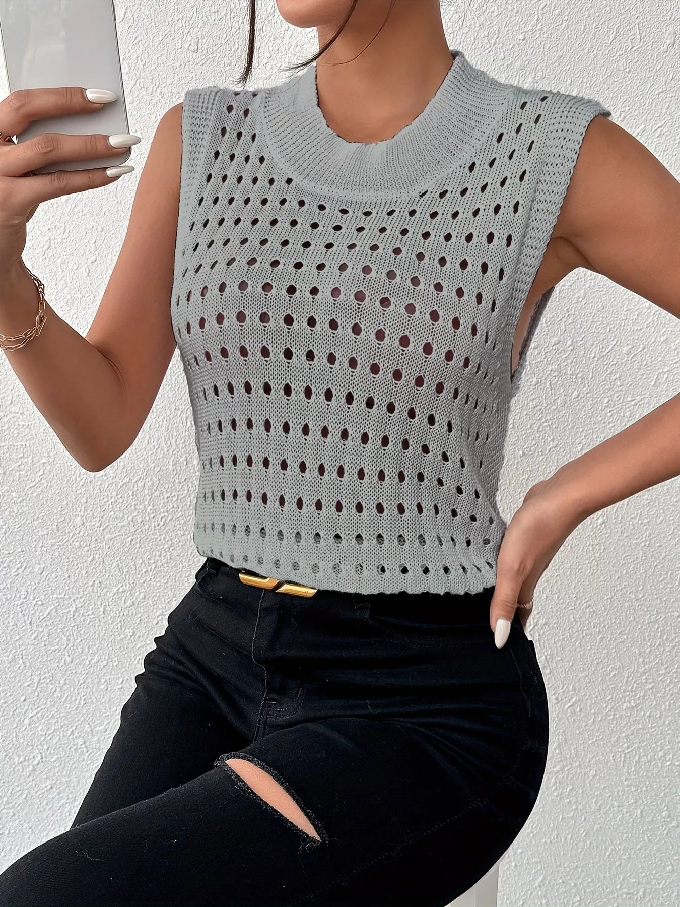 Hollow Out Round Neck Knit Tank OutfitFlow