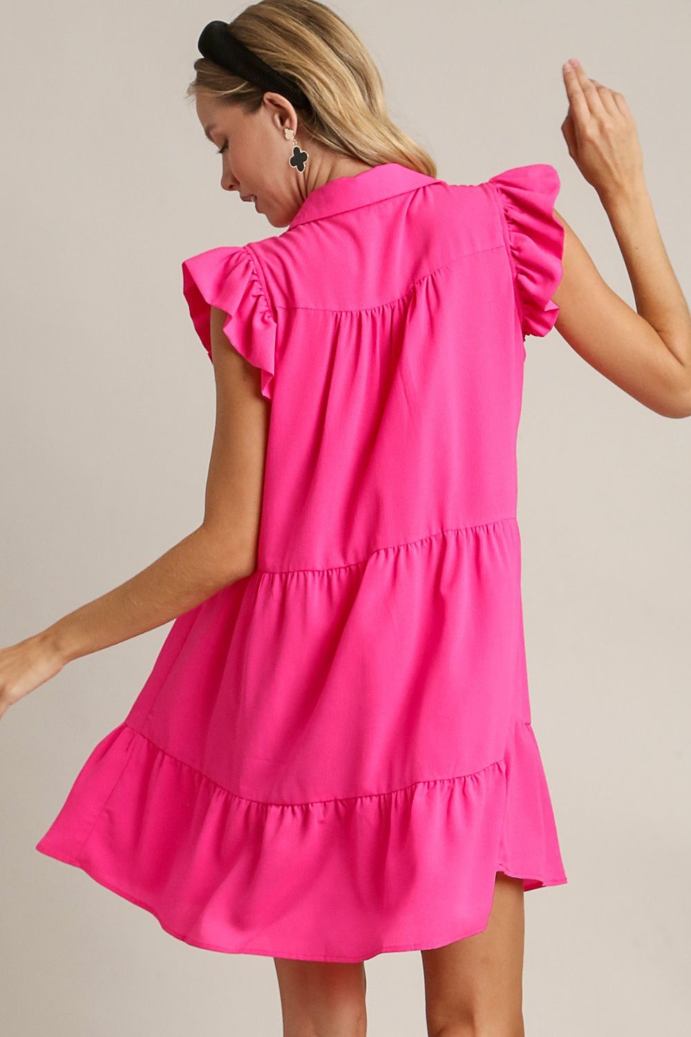 Umgee Full Size Johnny Collar Ruffle Cap Sleeve Tiered Dress Plus Size OutfitFlow