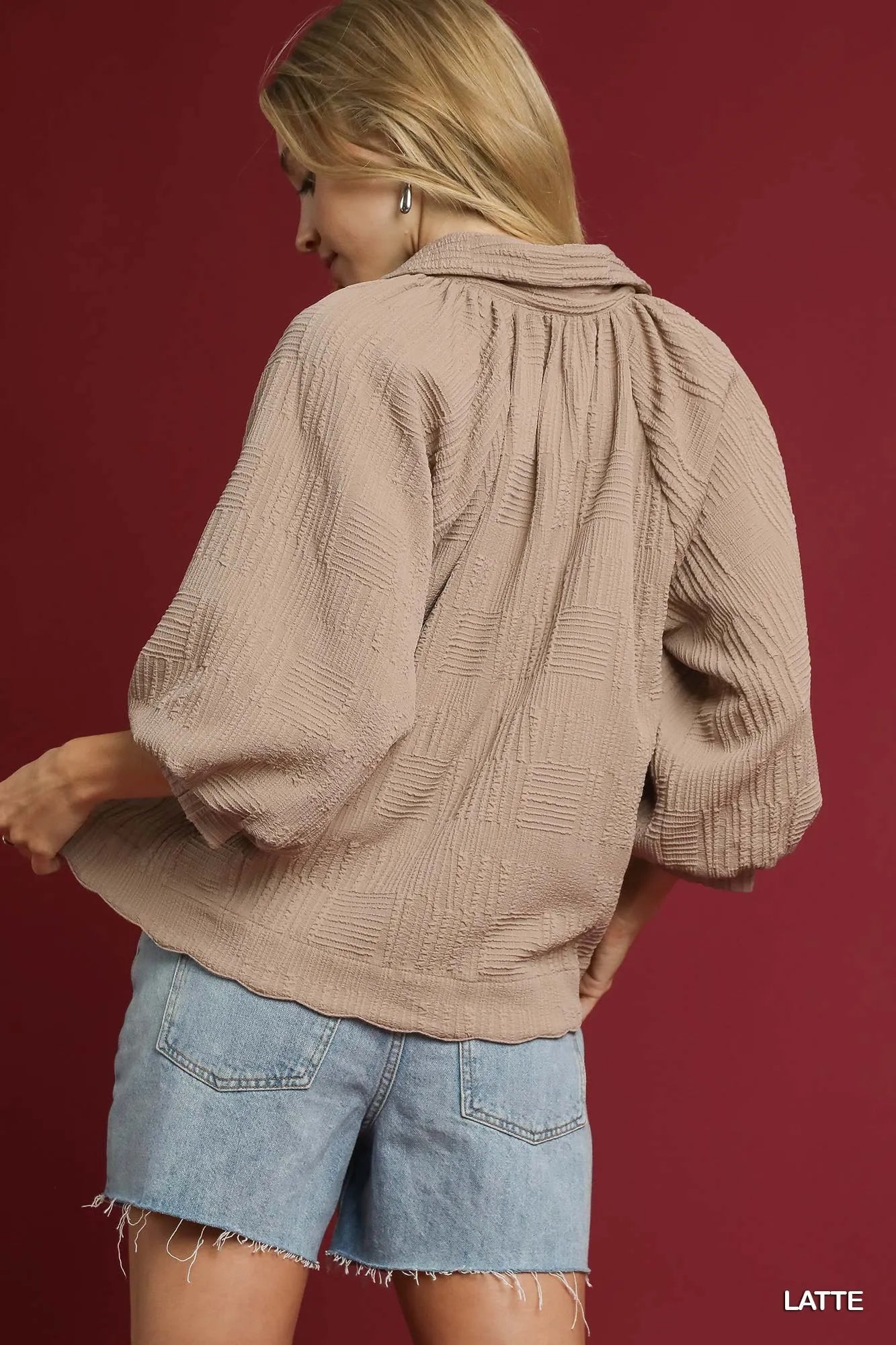 Umgee Oversized Balloon Sleeve Textured Blouse OutfitFlow