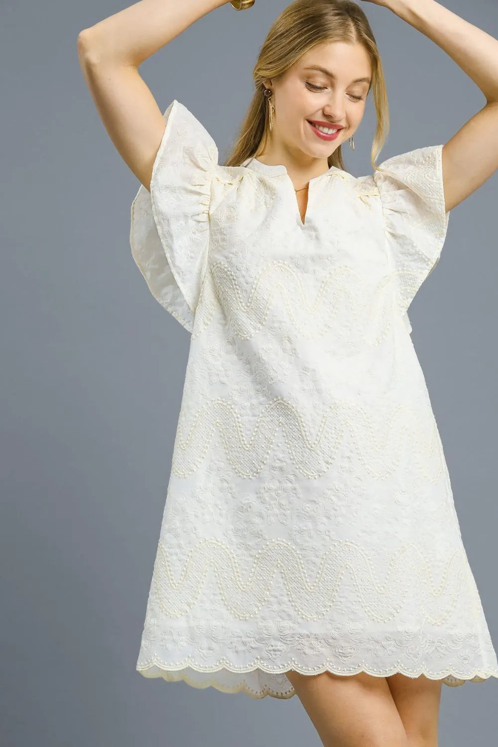 Umgee Scalloped Hem Embroidered Mini Dress White OutfitFlow