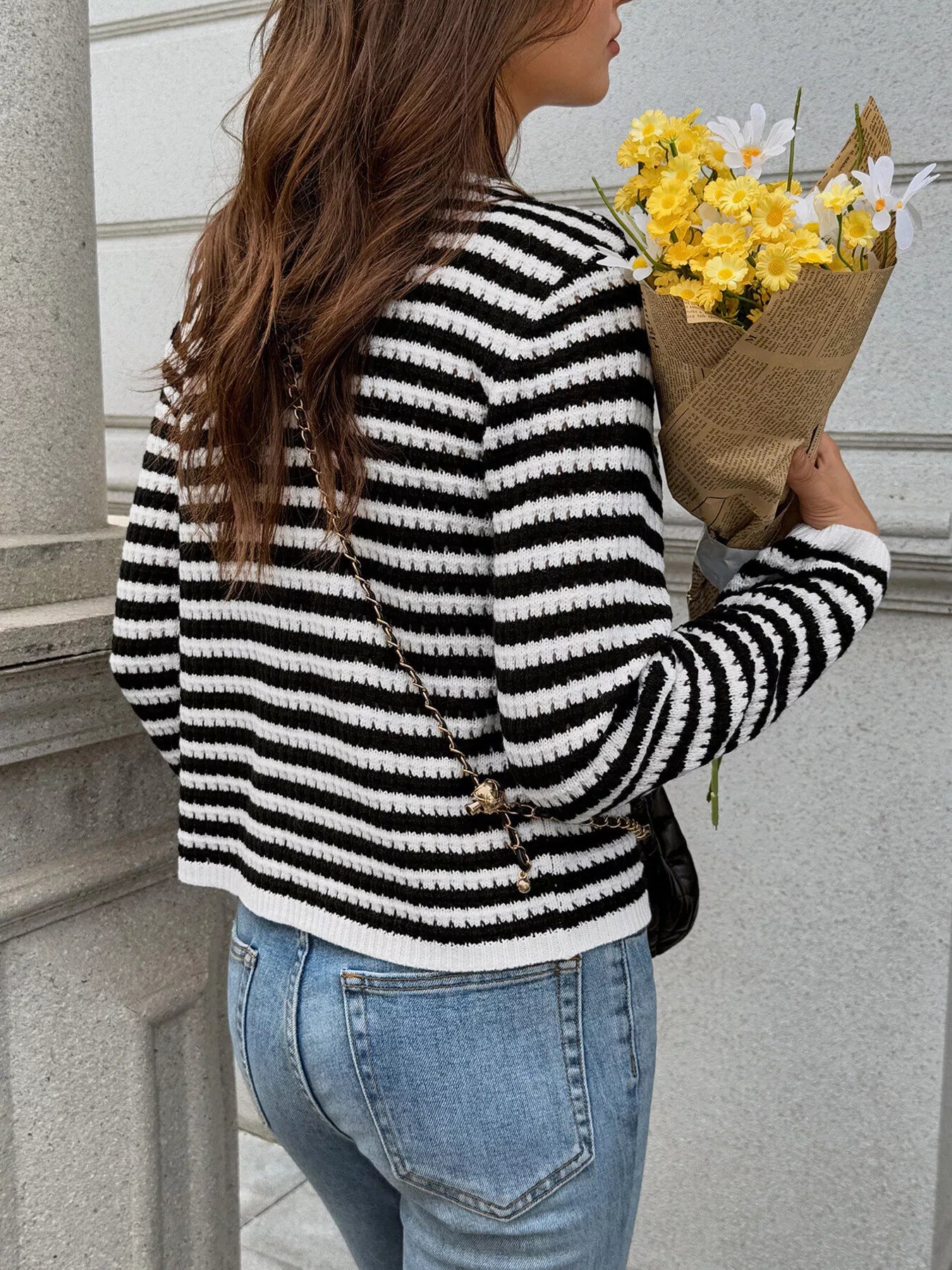 Striped Knit Cardigan with Gold Buttons OutfitFlow