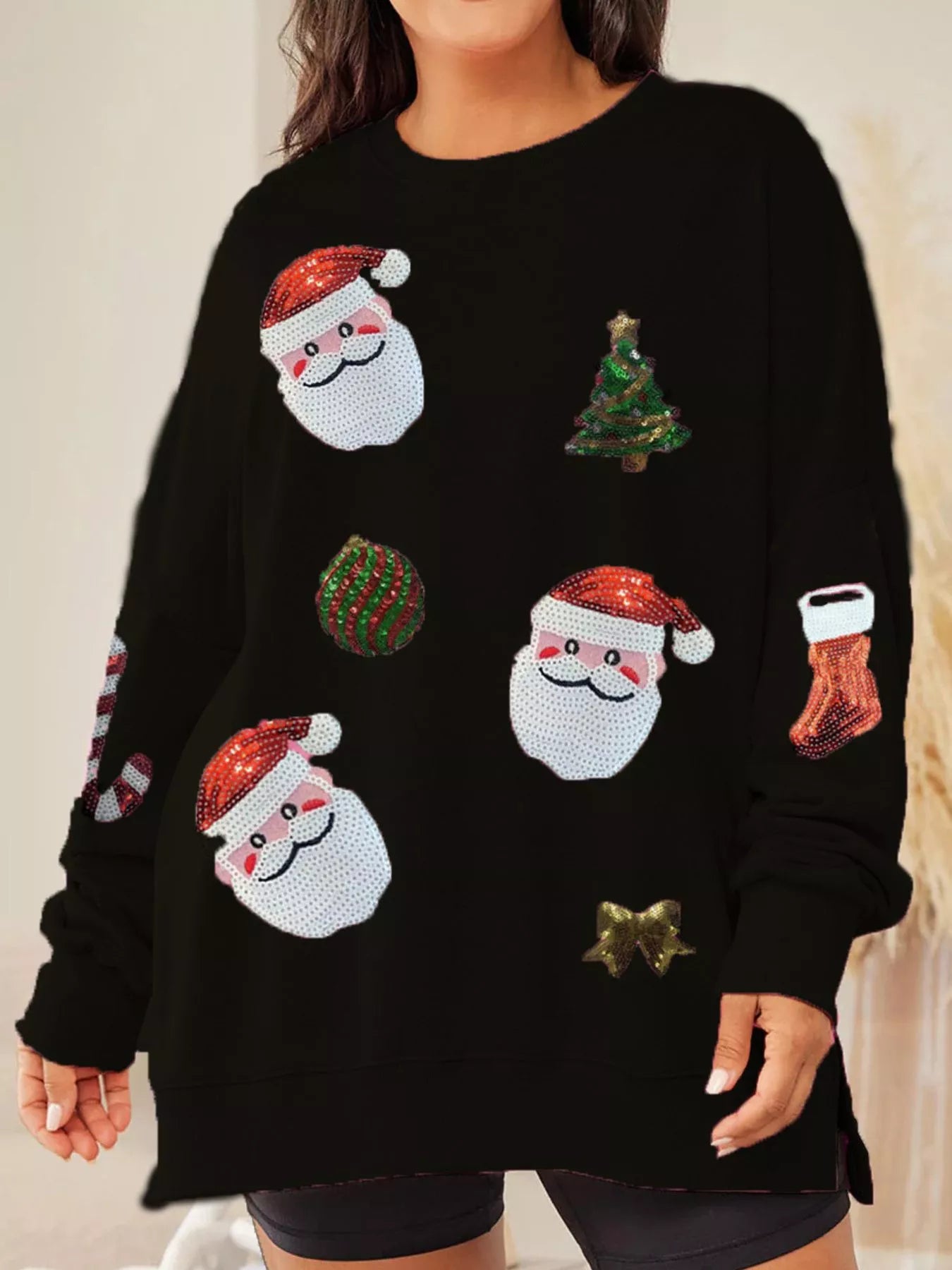 Christmas Santa Round Neck Long Sleeve Sweatshirt Black OutfitFlow