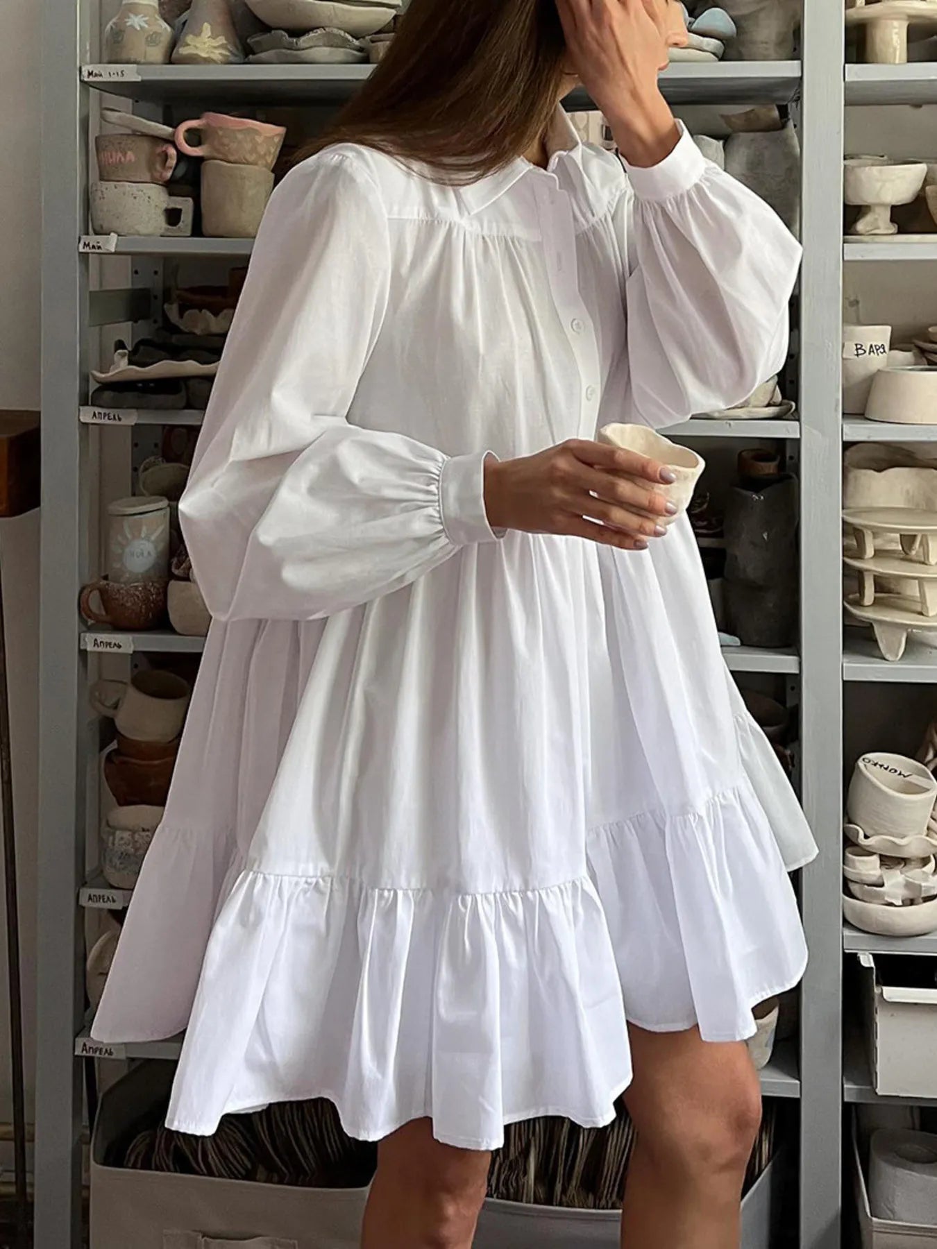 Tiered Long Sleeve Shirt Dress OutfitFlow