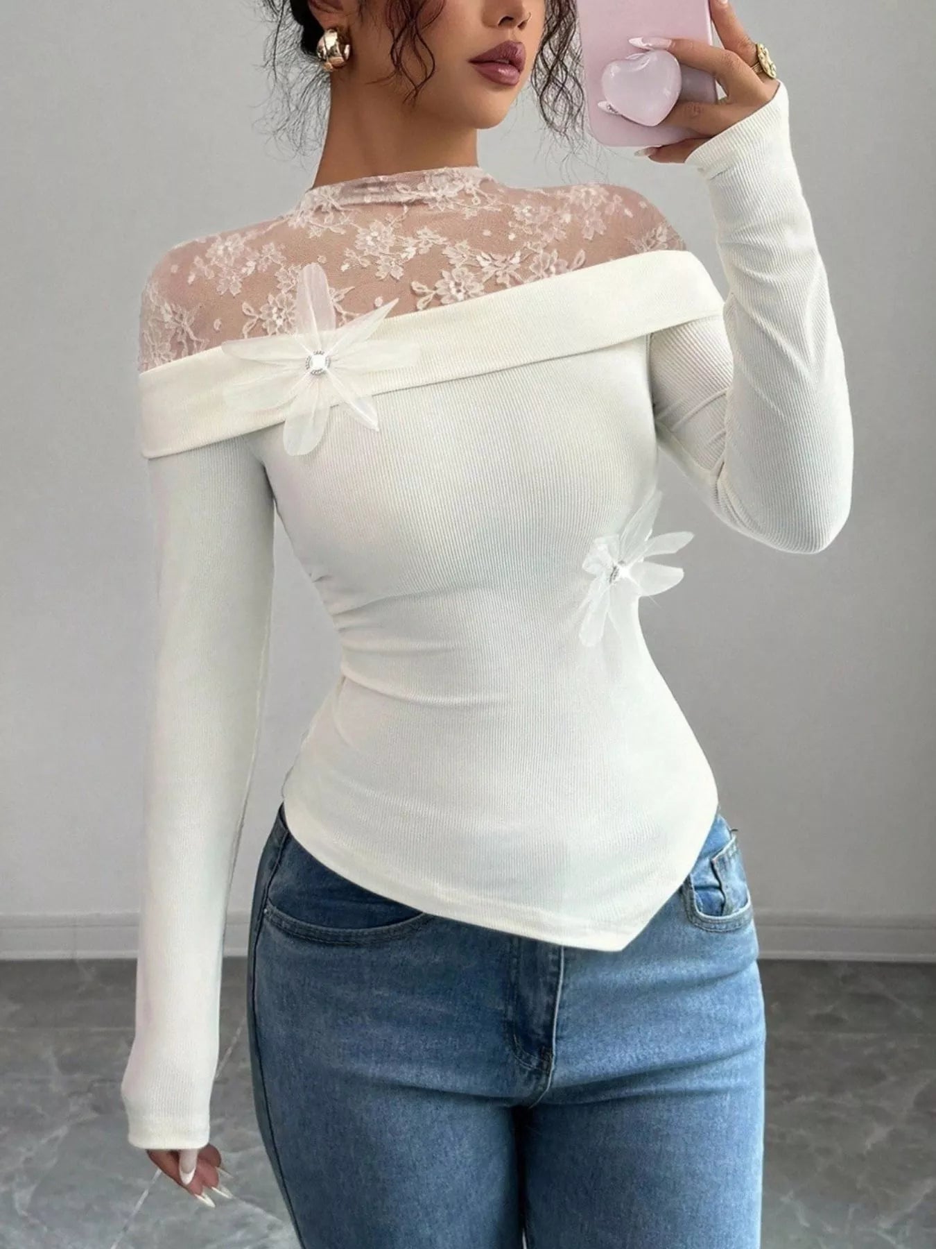 Lace Detail Long Sleeve Top OutfitFlow