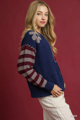 Umgee Flower Jacquard Striped Long Sleeve Sweater OutfitFlow