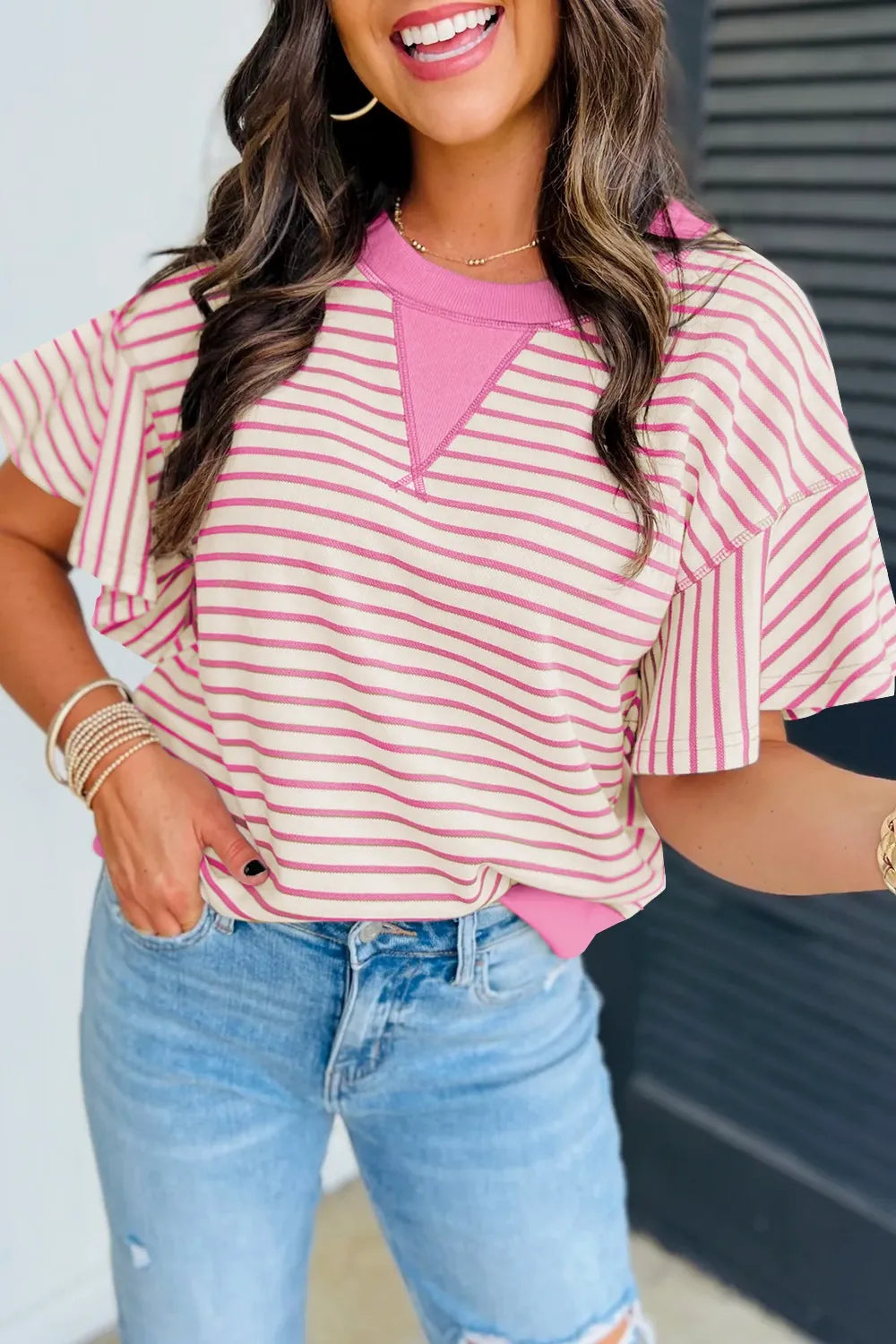 Striped Flounce Sleeve Casual Blouse Dusty Pink OutfitFlow