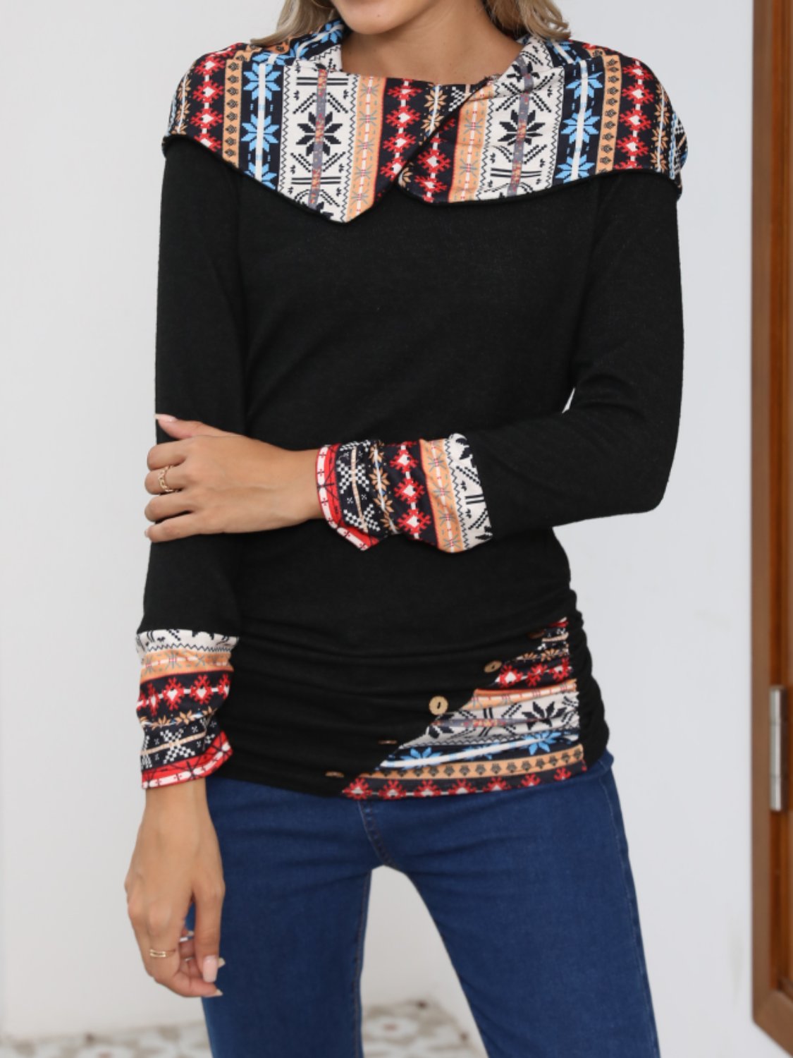 Outfit Flow - Printed Collared Neck Long Sleeve Blouse