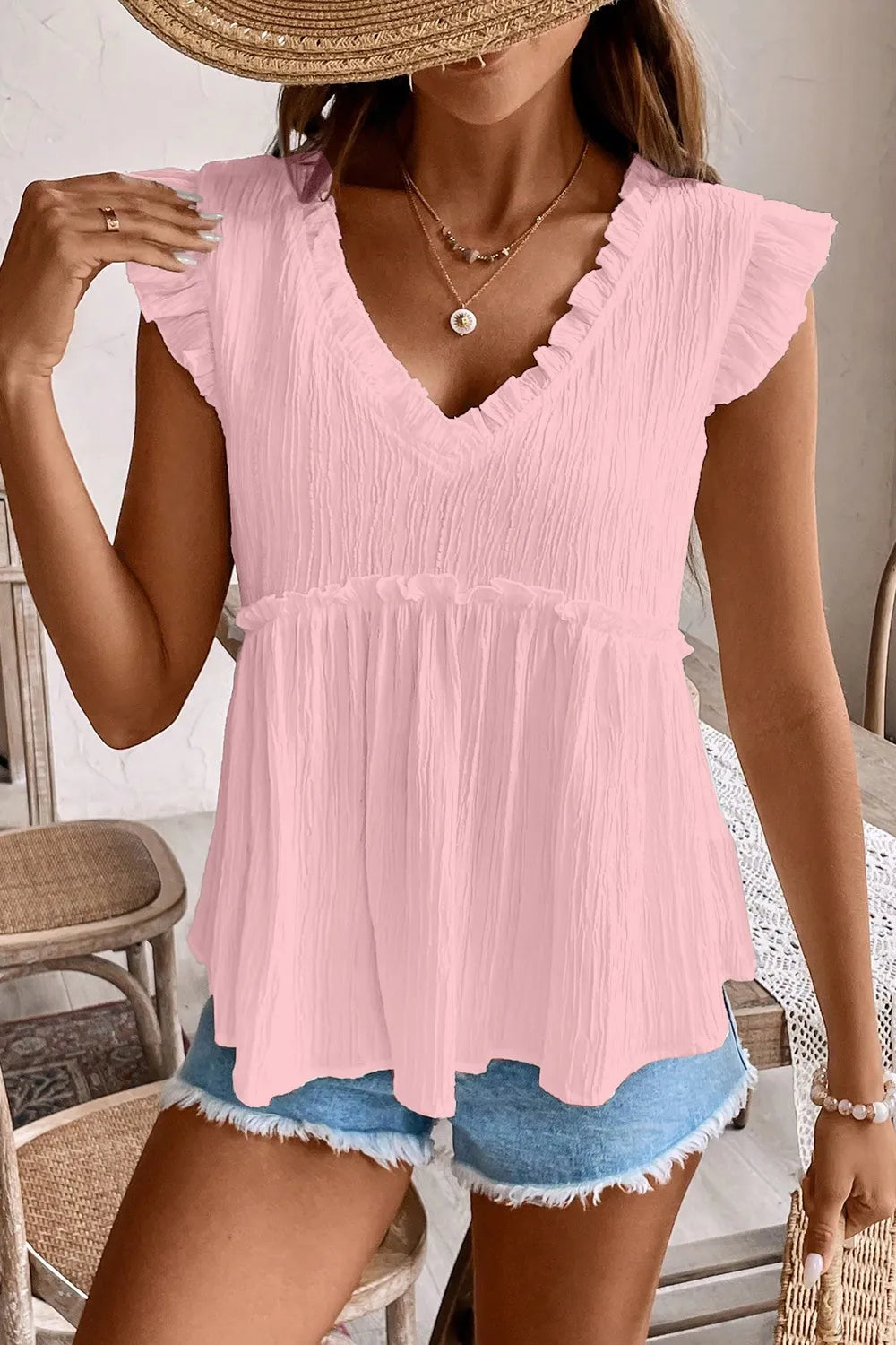 Ruffled Trim V Neck Flutter Flowy Top OutfitFlow