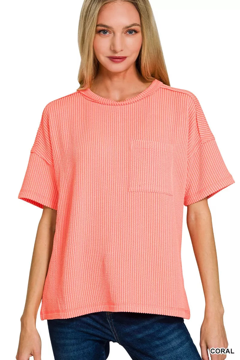 Zenana Raised Rib Exposed Seam Short Sleeve Top CORAL OutfitFlow