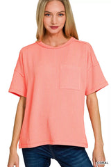 Zenana Raised Rib Exposed Seam Short Sleeve Top CORAL OutfitFlow