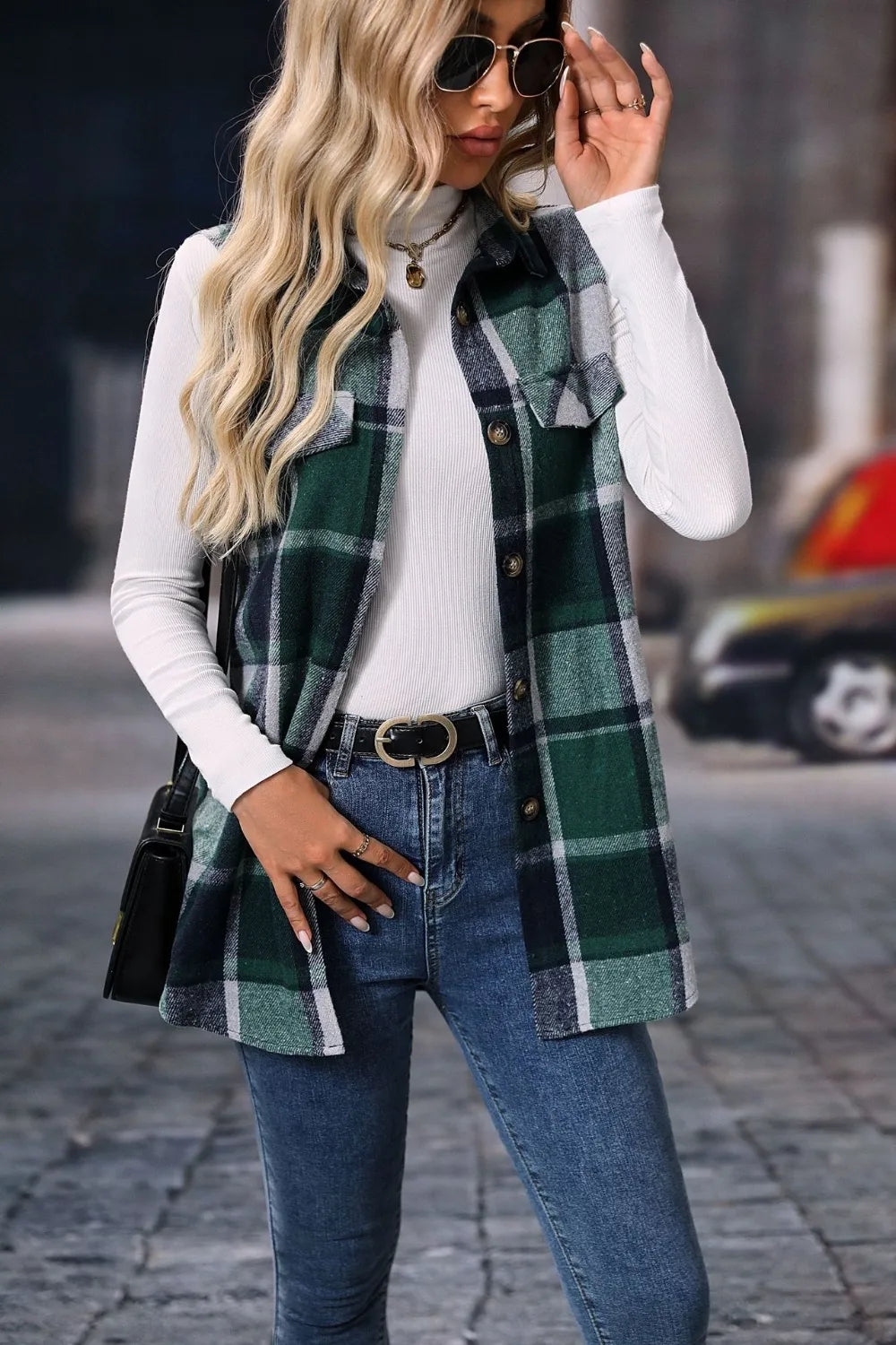 Plaid Button Up Vest Coat Dark Green Trendsi