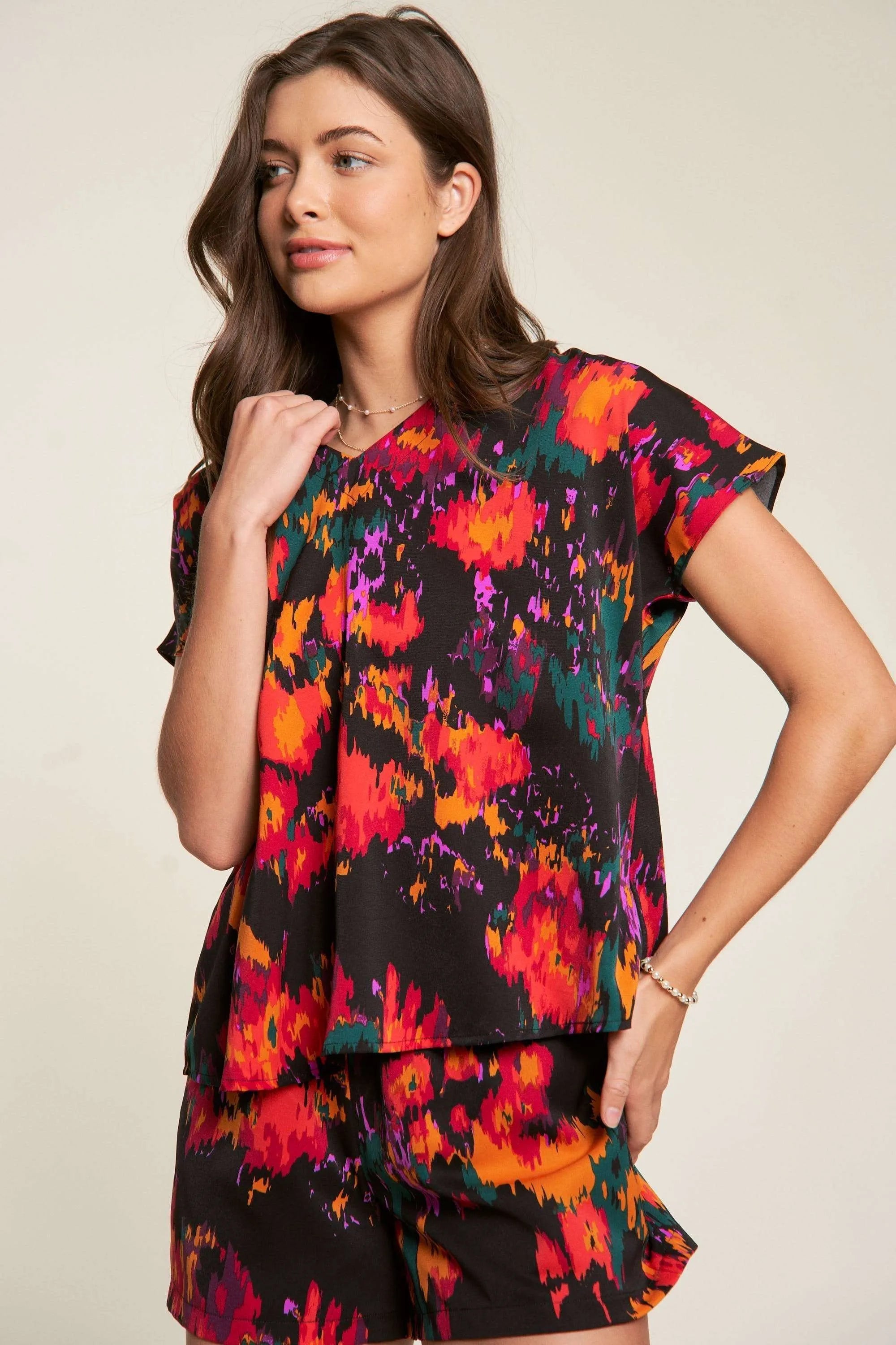 Davi & Dani Printed V Neck Short Sleeve Top and Shorts Set OutfitFlow