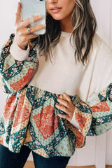 Printed Round Neck Long Sleeve Blouse OutfitFlow