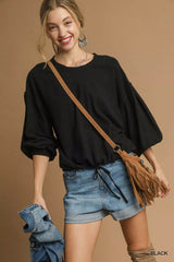 Umgee Full Size Linen Long Sleeve Top with Drawstring Plus Size Trendsi