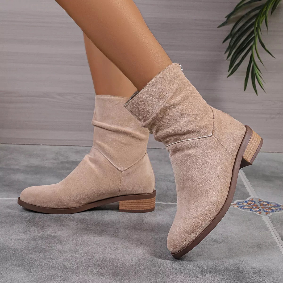 Point Toe Block Heels Boots Khaki OutfitFlow