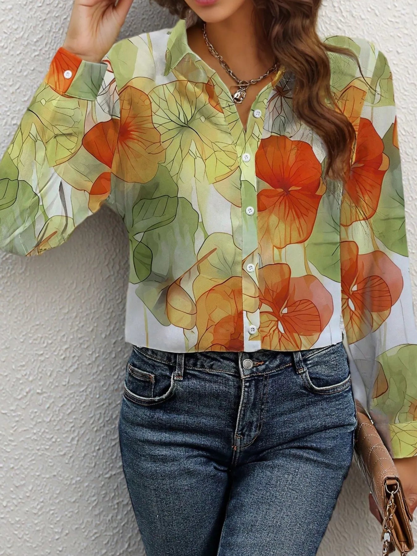 Printed Button Up Long Sleeve Shirt OutfitFlow