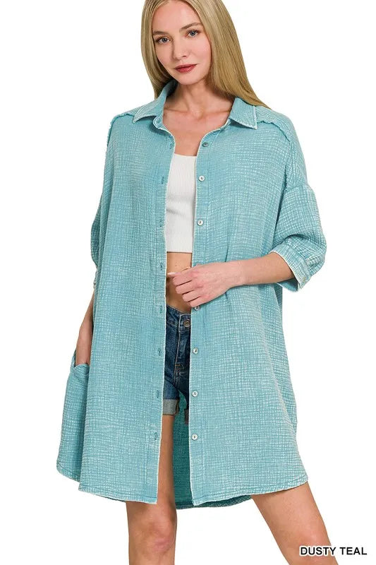 Zenana Washed Double Gauze Button Down Shirt Dress OutfitFlow