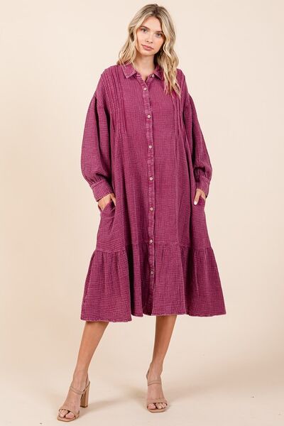 Mittoshop Mineral Wash Cotton Gauze Ruffle Midi Shirt Dress OutfitFlow