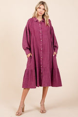 Mittoshop Mineral Wash Cotton Gauze Ruffle Midi Shirt Dress OutfitFlow