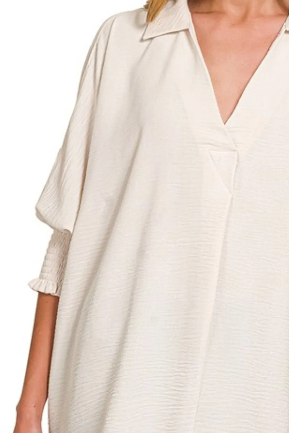 Zenana Airflow Collar Tee with Smocked Sleeve Band Top OutfitFlow
