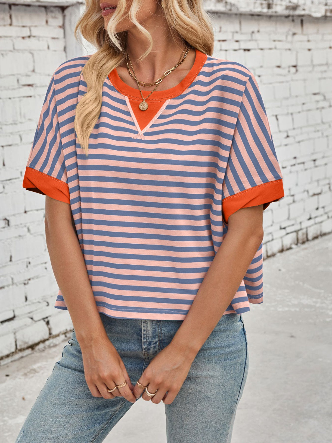 Outfit Flow - Lovelet Striped Round Neck Short Sleeve T-Shirt