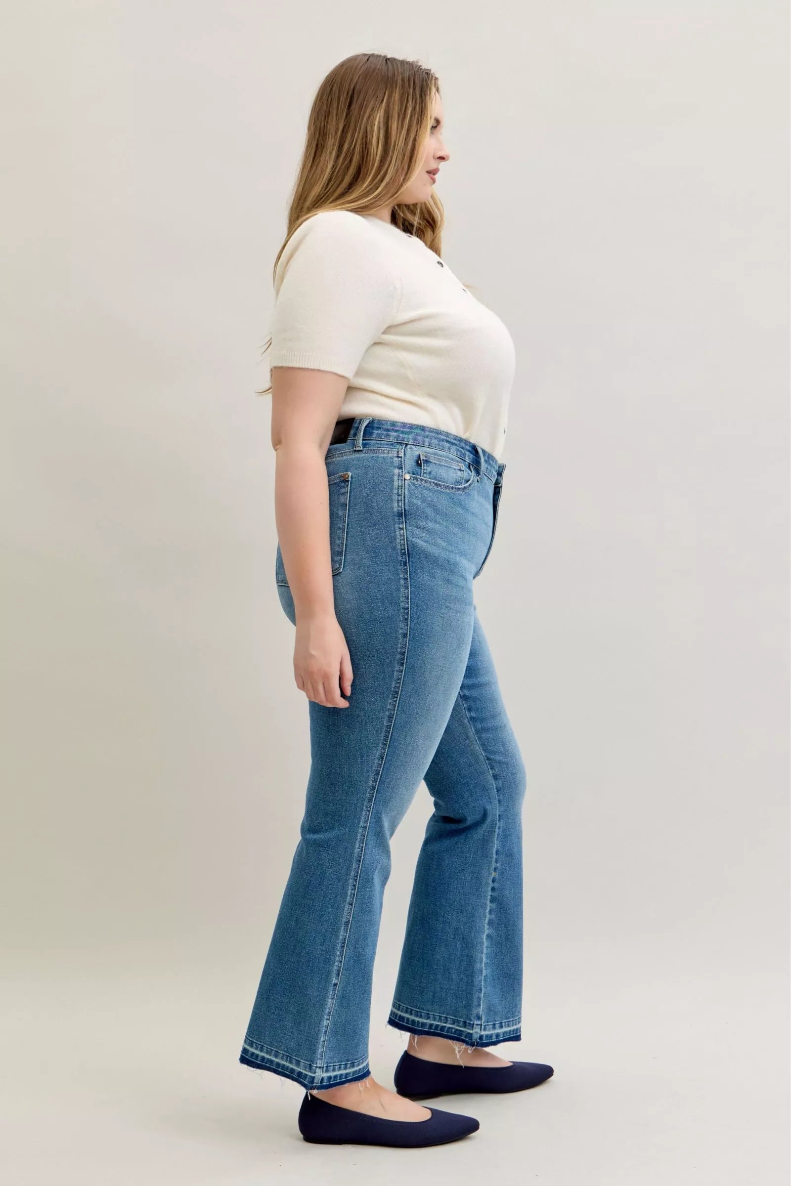 Judy Blue Full Size Mid Rise Slim Bootcut Tummy Control Release Hem Jeans Plus Size OutfitFlow
