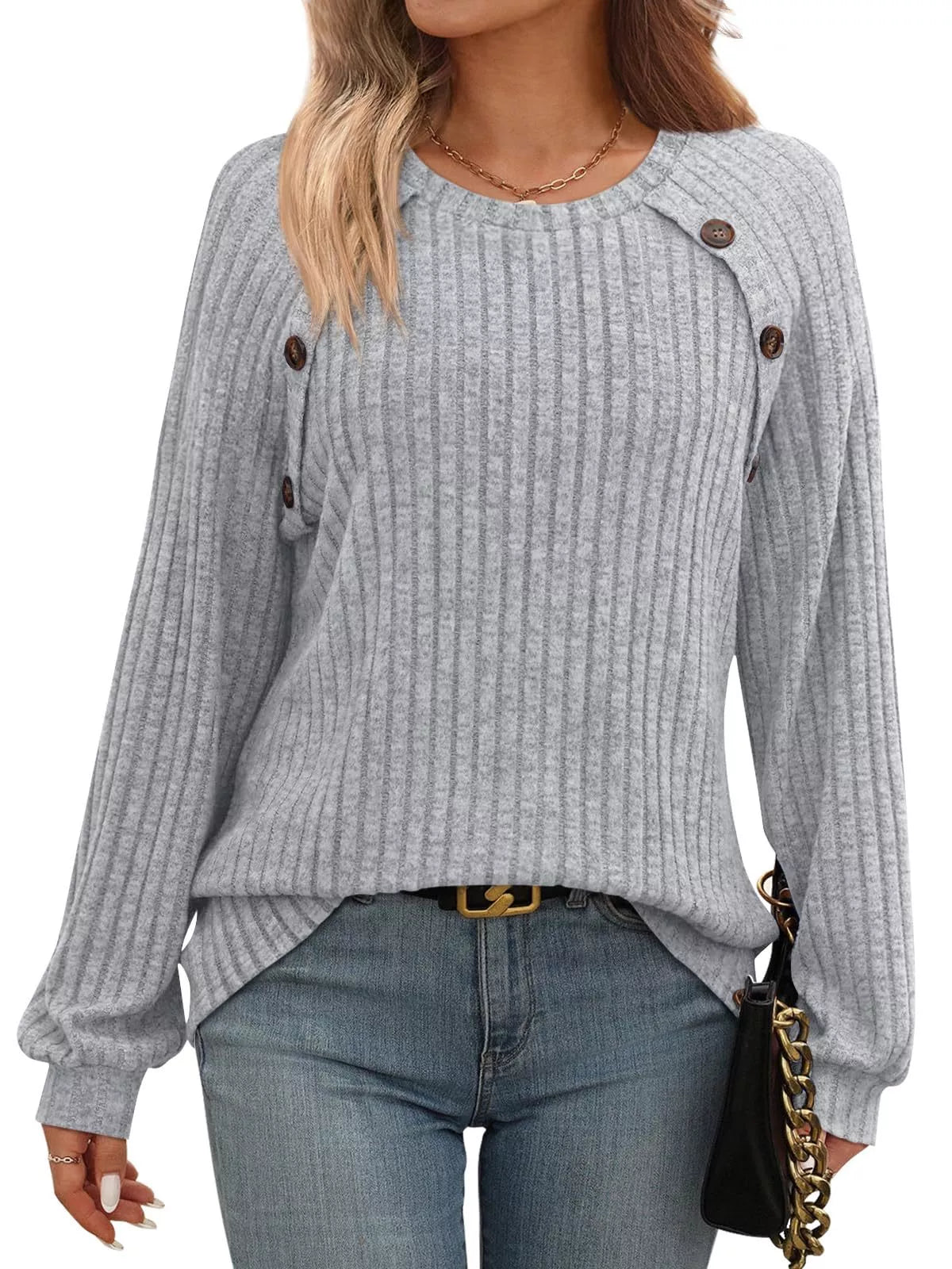 Ribbed Knit Decor Button Long Sleeve T-Shirt Grey OutfitFlow